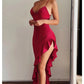 Red sexy suspender ruffled lace-up ball gown evening dress party dress nv1925