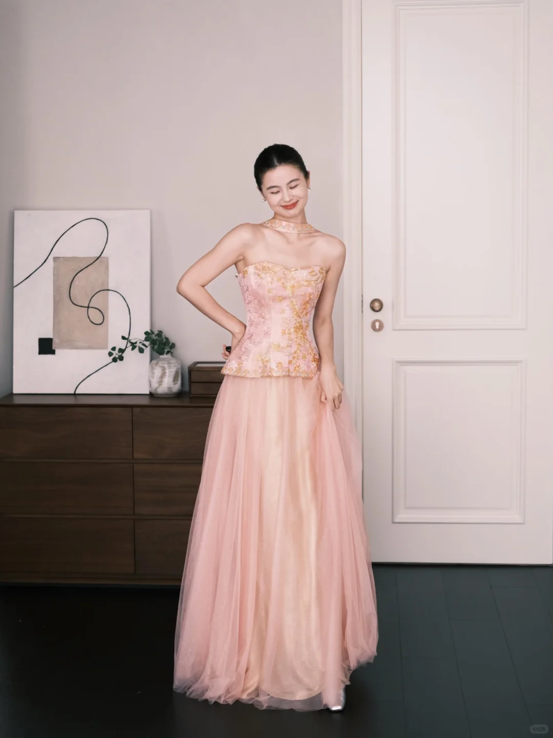 Blush Pink Two Piece Tulle Prom Dress Gold Floral Beaded Evening Gown  NV7212