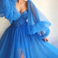 Purple elegant flowing puff sleeve tulle long formal prom dress evening gown party dress nv104