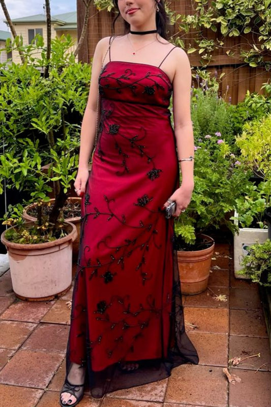 NiceVestidos--Graduation Ceremony Style Burgundy Black Floral Spaghetti Strap Floor-Length Graduation Gown NV5801