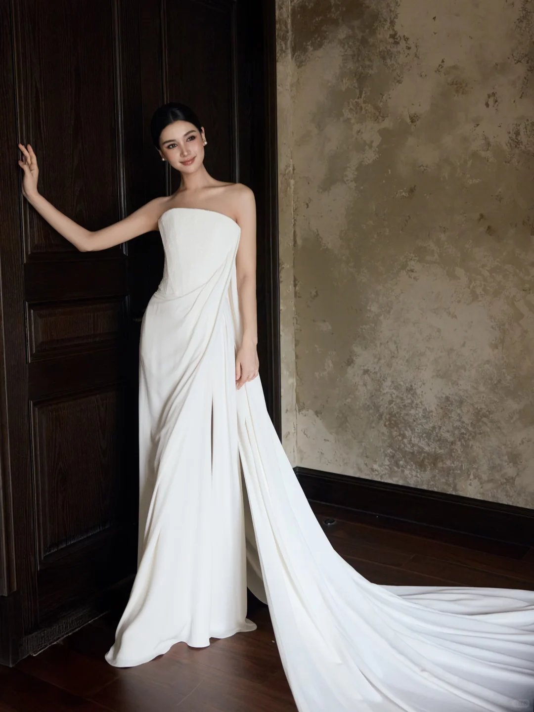 Ivory Strapless Chiffon Mermaid Wedding Gown with Draped Train  NV7197