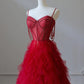 NiceVestidos--Red Spaghetti - Strap Beaded Tulle Gown, Romantic Layered Train Banquet Dress NV5758