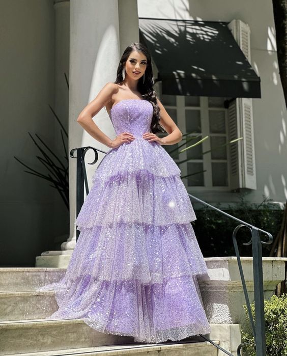 Light Purple Sparkling Tulle Sequin A-Line Long Tiered Ball Gown Evening Dress nv2651