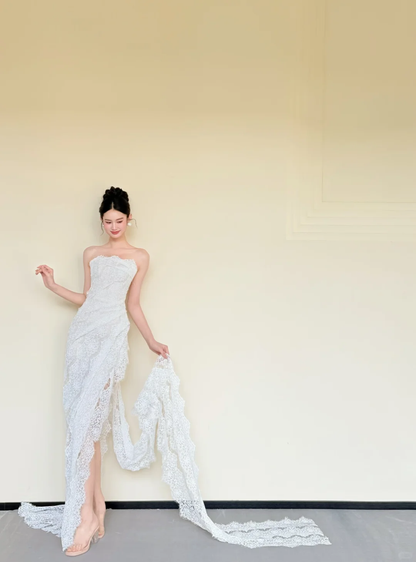 Strapless White Lace Mermaid Gown with High Slit & Ruffle Train  NV7415