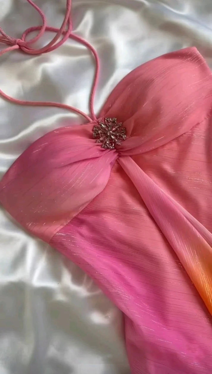 Pink Gorgeous Gradient Strapless Long Chiffon Elegant Ball Gown Evening Dress Party Dress nv4610