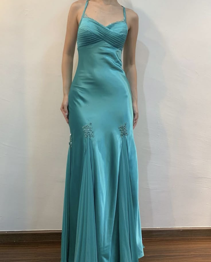 Blue Fashion Exquisite Beaded Spaghetti Straps Long Satin Elegant Ball Gown Evening Gown Party Dress nv3611