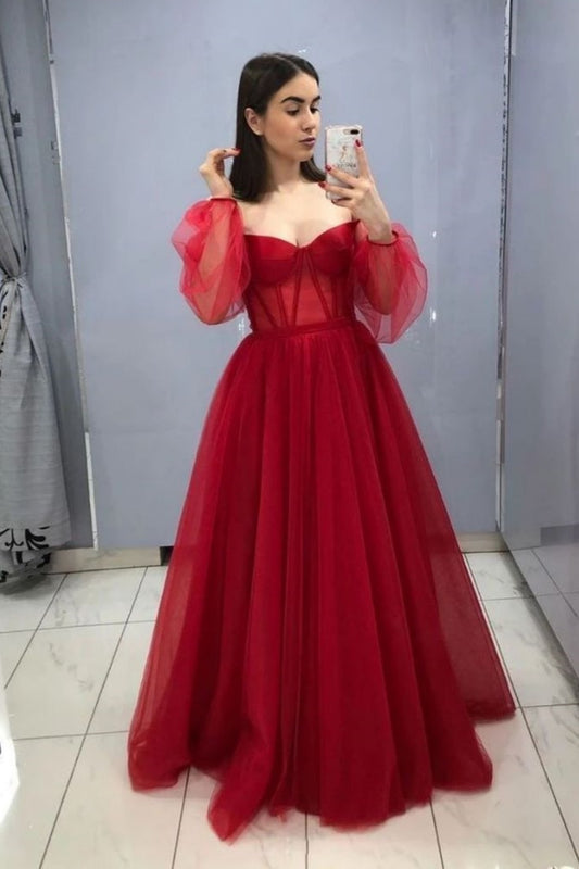 Red Fashion Corset Wide Sleeves Long Tulle Ball Gown Evening Dress nv3214