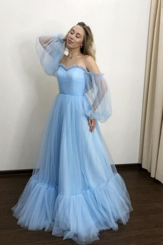 Blue stylish elegant long tulle puff sleeves ball gown evening dress nv3216