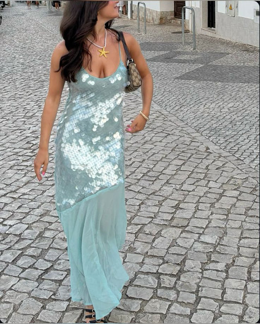Blue Shiny Fashion Long Sequined Evening Gown Party Dress nv4683