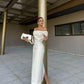 White off-shoulder simple elegant satin long ball gown evening dress party dress nv2342