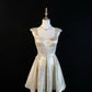 Cute gold and silver silk shiny jacquard fabric U-neck small flying sleeves crystal diamond silver gray flower short skirt homecoming dress birthday dress nv4497