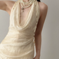 Halter Cowl Neck Mermaid Evening Dress Light Champagne Tulle Gown  NV7121