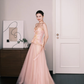 Blush Pink Two Piece Tulle Prom Dress Gold Floral Beaded Evening Gown  NV7212
