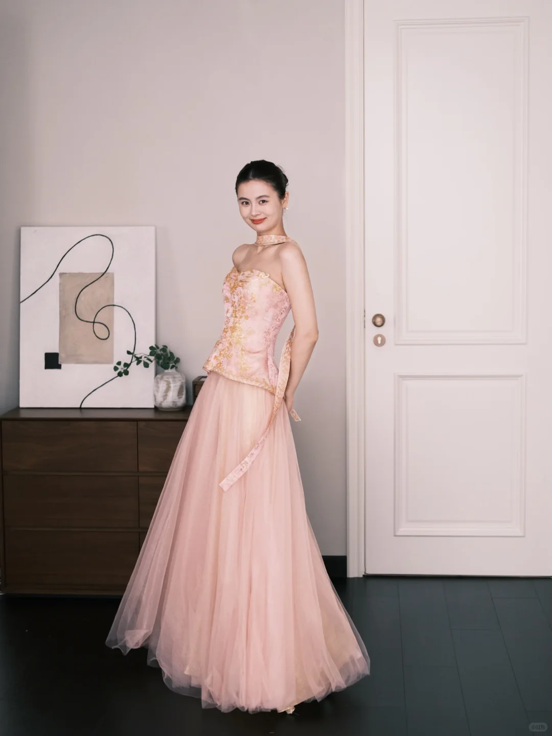 Blush Pink Two Piece Tulle Prom Dress Gold Floral Beaded Evening Gown  NV7212