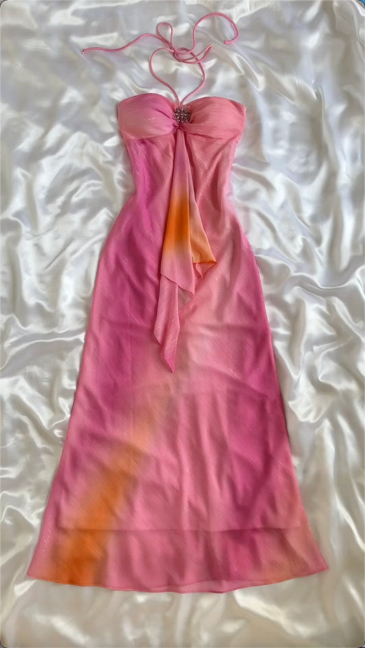 Pink Gradient Fashion Exquisite Beading Spaghetti Strap Long Chiffon Evening Gown Party Dress prom dressnv3579