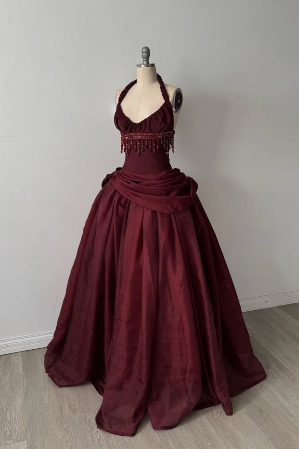 Halter Sleeveless Burgundy Satin Maxi Dress | Luxury Elegant Tassel Waist Ball Gown for Gala Ball NV6299