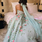 Green Gorgeous Exquisite Floral Embroidery Applique A-Line Long Tulle Prom Gown Evening Dress Party Dress nv3439