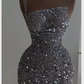 Silver Gorgeous Shiny Sequins One Shoulder Fashion Short Mini Party Dress Evening Gown nv3001