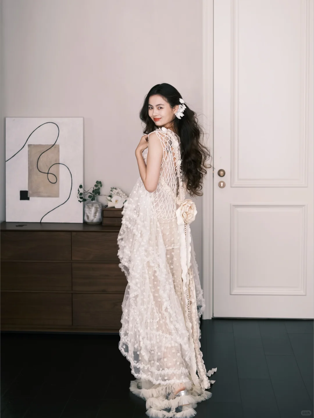 Ivory Mesh Cutout 3D Floral Ruffle Tulle Wedding Dress  NV7299