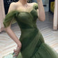 Green beautiful elegant long tulle off-shoulder ball gown evening dress nv73