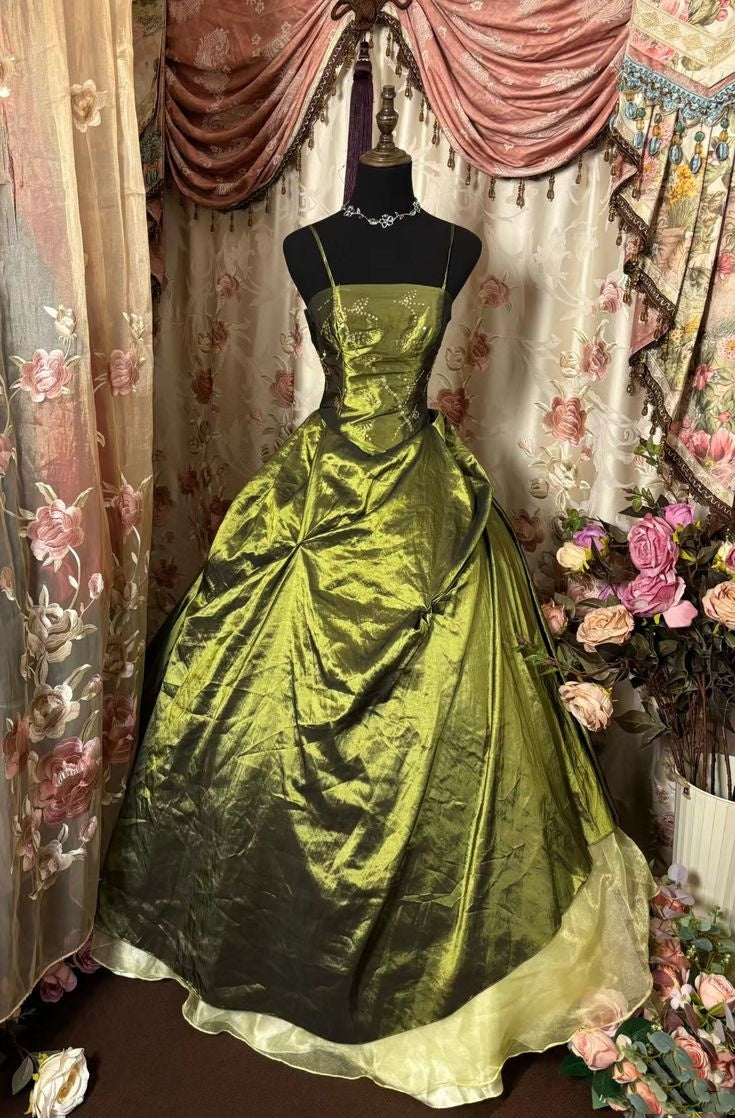 Green spaghetti strap vintage beaded elegant long ball gown evening dress nv2971