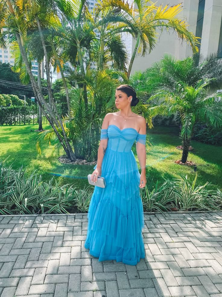 Blue off-the-shoulder short-sleeved tulle ruffled skirt long ball gown evening dress bridesmaid dress wedding guest dress nv2677