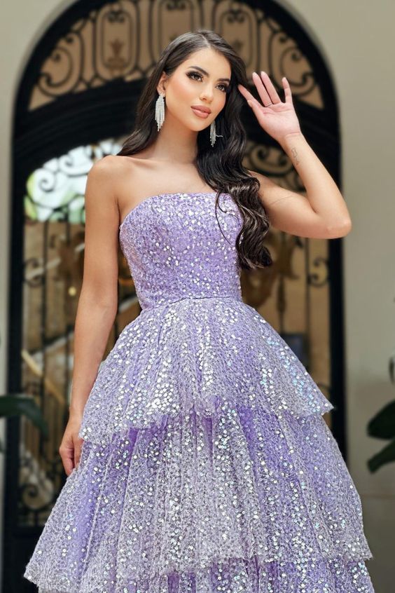 Light Purple Sparkling Tulle Sequin A-Line Long Tiered Ball Gown Evening Dress nv2651