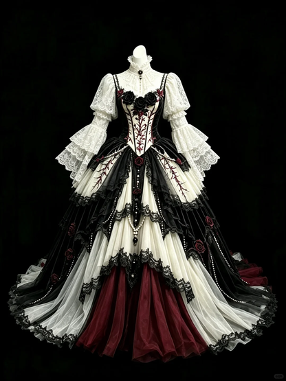 Vintage Gothic Lolita Prom Dress, Lace Tiered Tulle, 3D Rose and Pearl Beaded Evening Gown  NV7461
