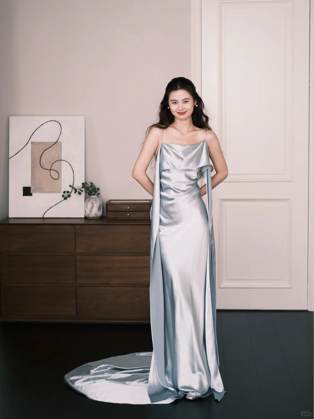 Light Ice Blue Spaghetti Strap Satin Mermaid Prom Dress Cowl Neck Evening Gown  NV7206
