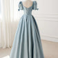 A-Line Blue Satin Puffy Sleeve Long Prom Dress, Blue Formal Dresses nv1726