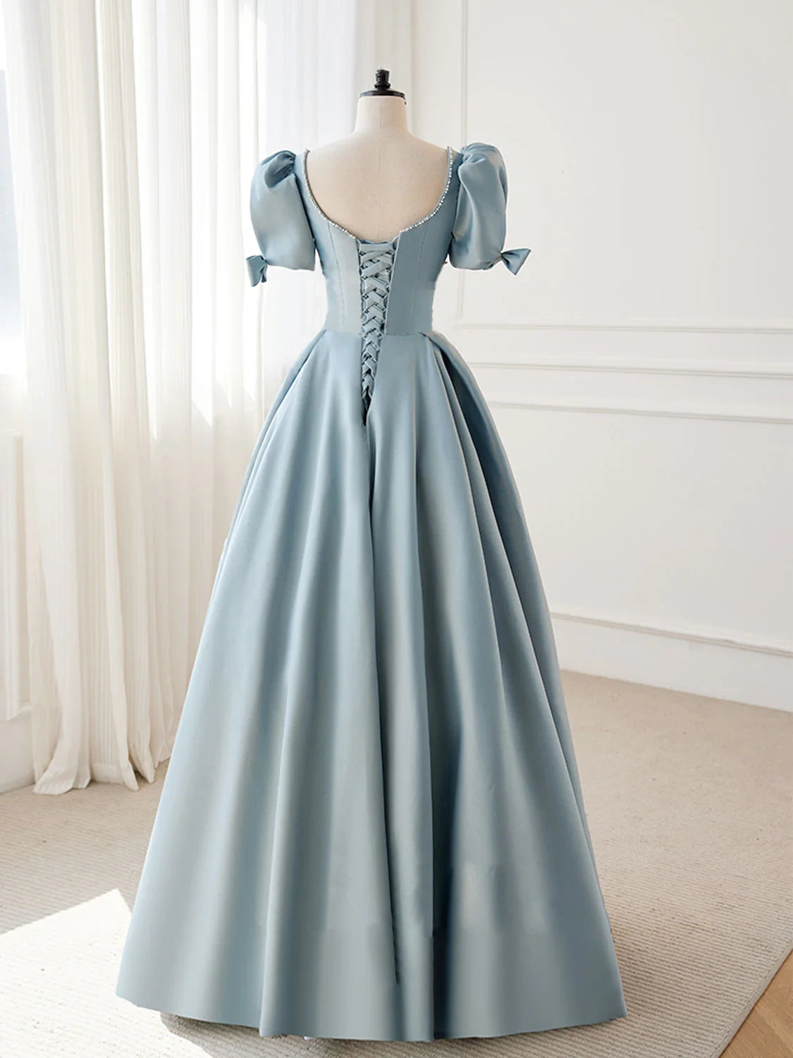 A-Line Blue Satin Puffy Sleeve Long Prom Dress, Blue Formal Dresses nv1726