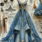Blue Retro Fashion Applique Sweetheart Neck Exquisite Beaded Applique A-Line Spaghetti Strap Tulle Long Ball Gown Evening Dress nv3765