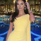 Yellow one shoulder tulle long ball gown formal seaside pool party dress evening gown nv1843