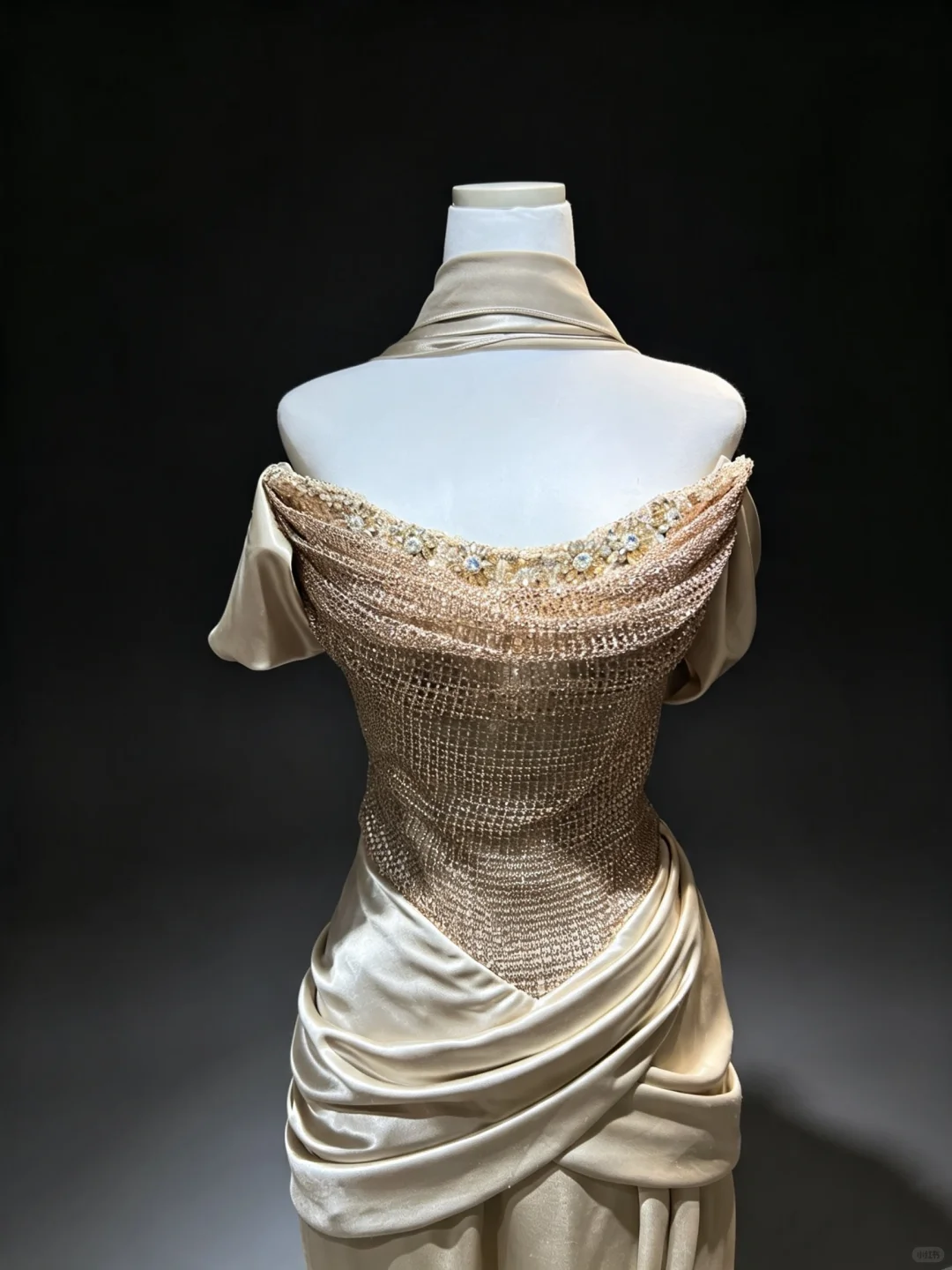 Champagne Off Shoulder Mermaid Formal Gown Beaded Sequin Cross Ruched Satin Vintage Evening Dress  NV6967