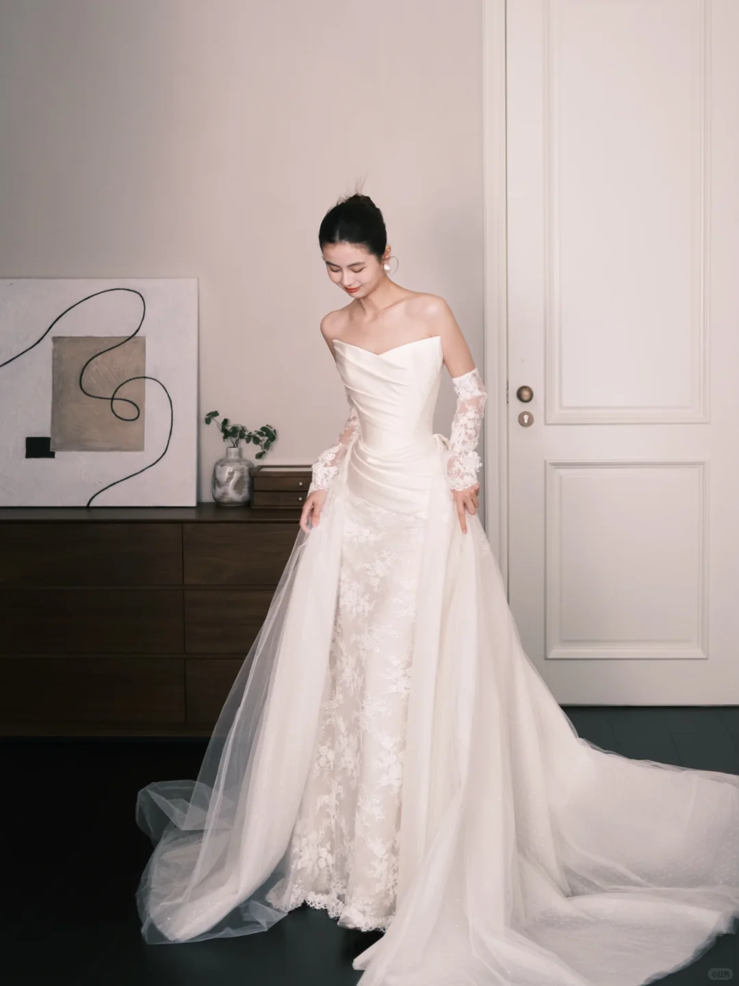 Strapless Satin Lace Mermaid Wedding Dress with Detachable Tulle Overlay  NV7351