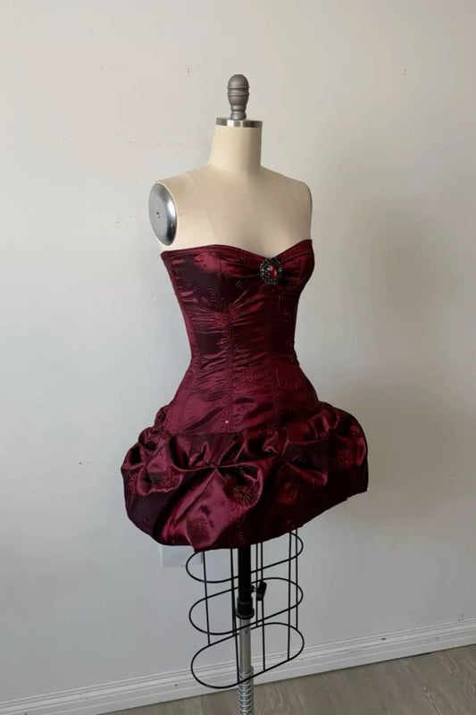 Burgundy Satin Strapless Flower Bud Dress  NV6243