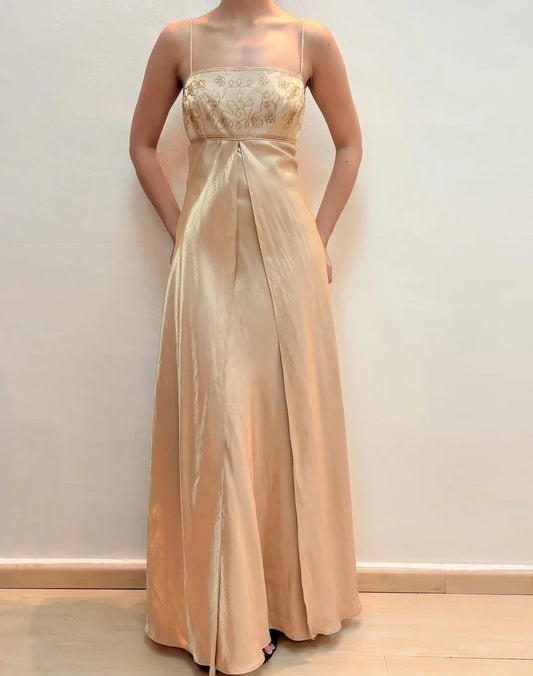 NiceVestidos--Exquisite floral beaded fairy dress sleeveless champagne satin A-line floor-length evening gown with spaghetti straps prom dress NV5774