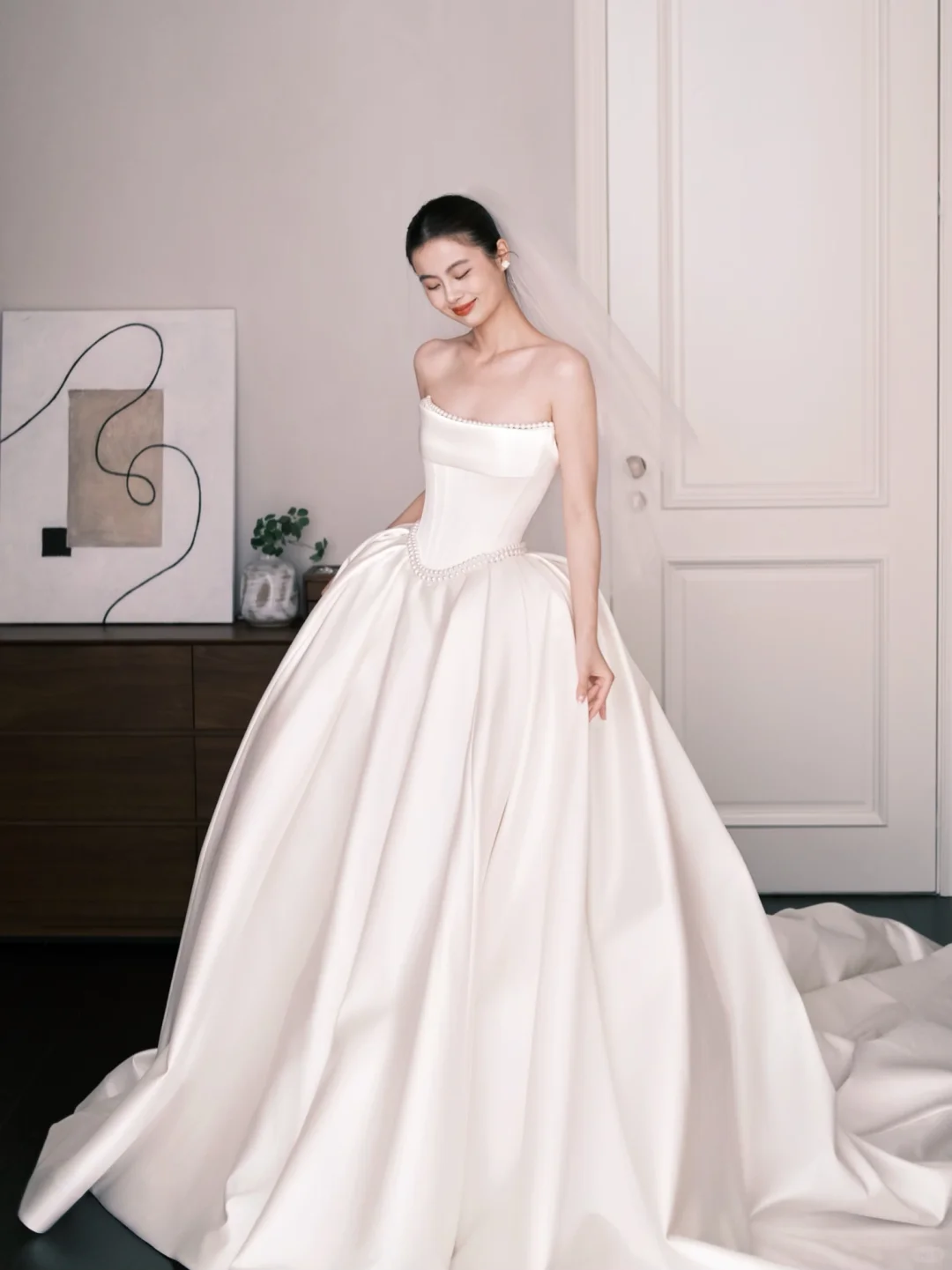 Strapless Pearl Trim Satin Ballgown Wedding Dress Bridal Gown  NV7268