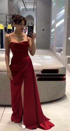 Beautiful Burgundy Spaghetti Strap Long Slit Mermaid Ball Gown Evening Dress nv2782