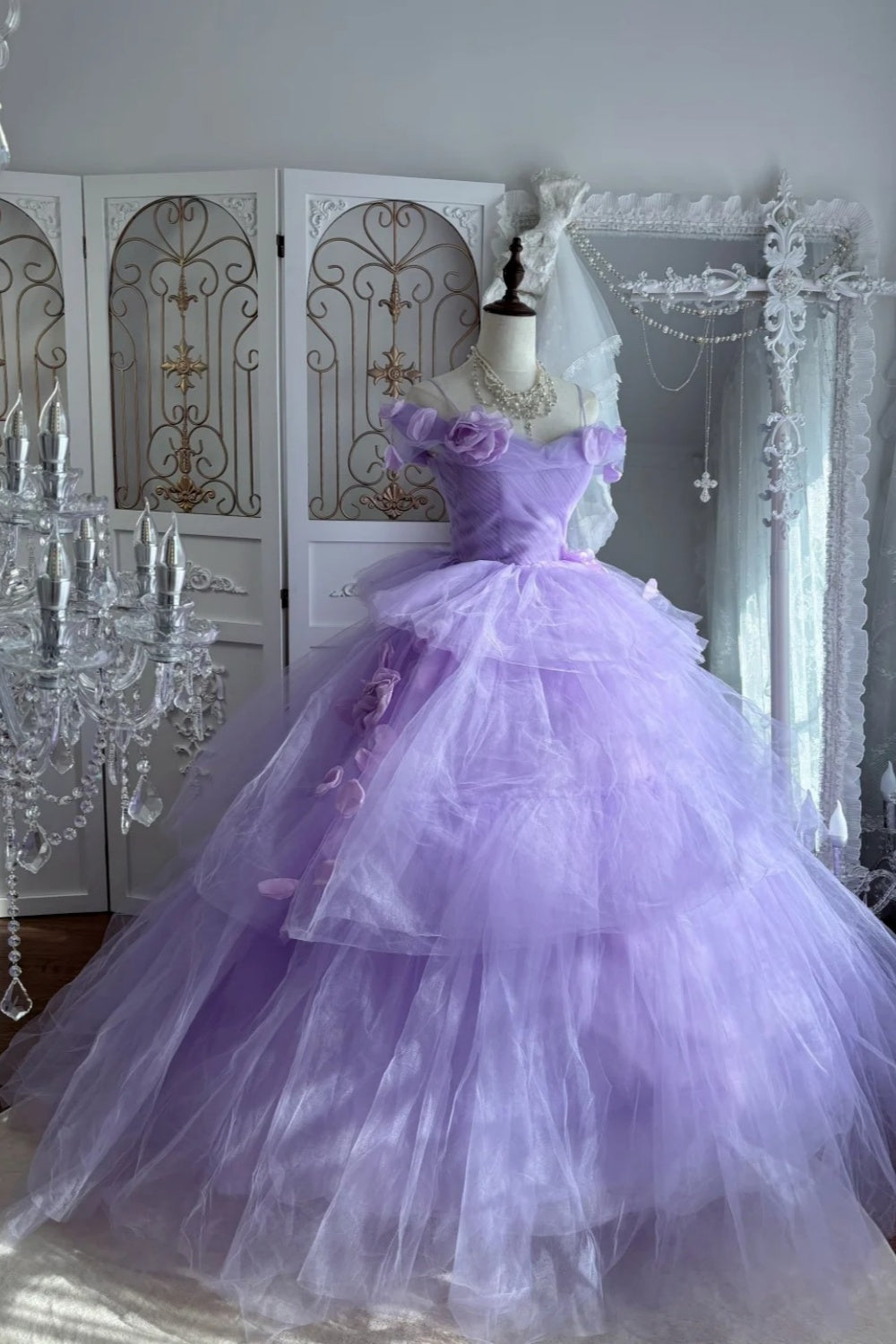 Wedding Essential Lavender Bridal Gown: 3D Rose Details & Flowy Train NV6842