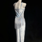 1920s Gatsby Style Ice Blue Spaghetti Straps Midi Formal Dress Heavy Hand Beading Geometric Scale Pattern With Side Ribbons  NV6889