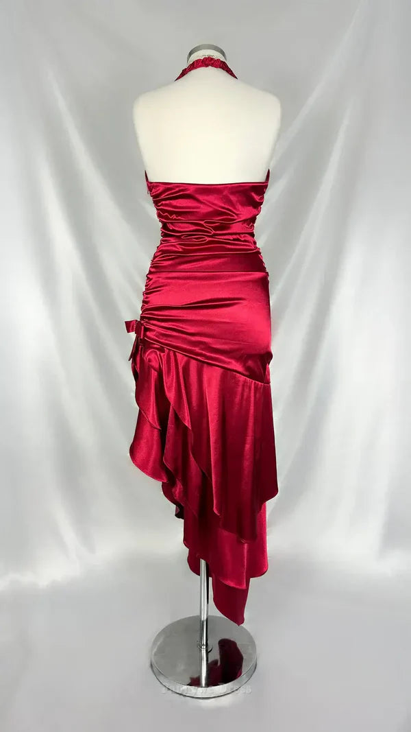Burgundy Vintage Satin Long Slim Backless Bridesmaid Dress Evening Gown Ball Gown nv4233