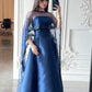 Blue Tulle Sequin Cape Satin Long Evening Gown Prom Dress nv2741