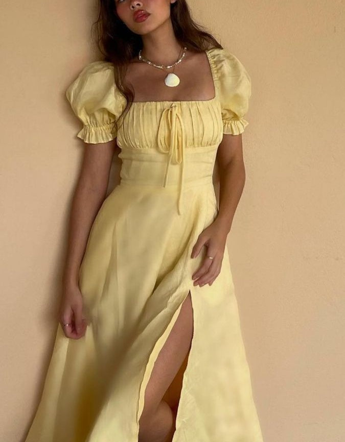Yellow Elegant Long Puff Sleeve Slit Prom Dress Birthday Dress Evening Dress Wedding Guest Dress nv1710