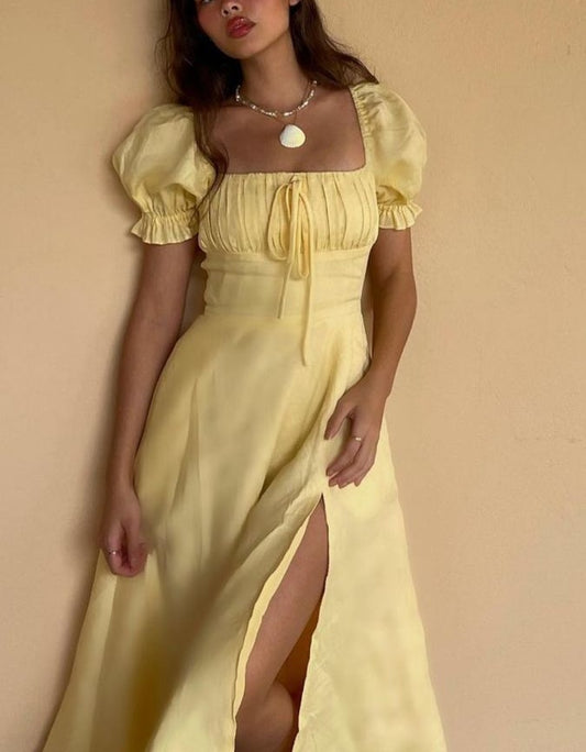 Yellow Elegant Long Puff Sleeve Slit Prom Dress Birthday Dress Evening Dress Wedding Guest Dress nv1710
