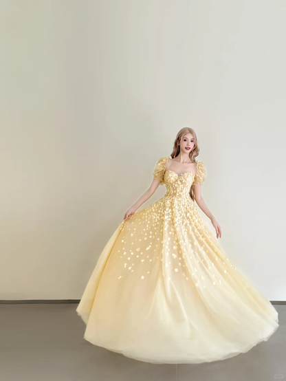 Pale Yellow Puff Sleeve 3D Floral Tulle A-Line Prom Gown  NV7183