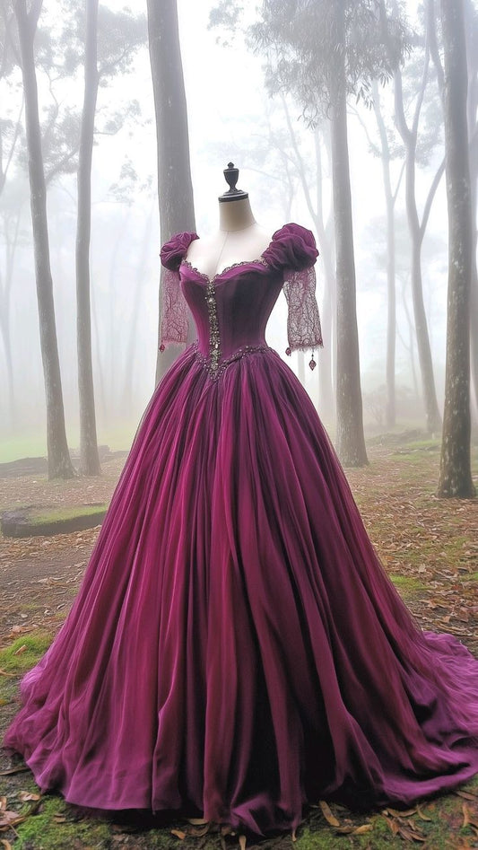 NiceVestidos-Purple Velvet Tulle Vintage Long Formal Prom Dress NV6153