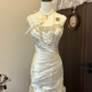 Ivory White Floral Beaded Long Satin Ball Gown Evening Gown Wedding Dress nv4216