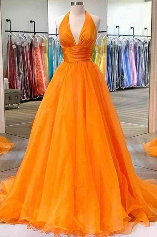 Elegant Orange Halter Neck A-Line Long Ball Gown Evening Dress nv1873
