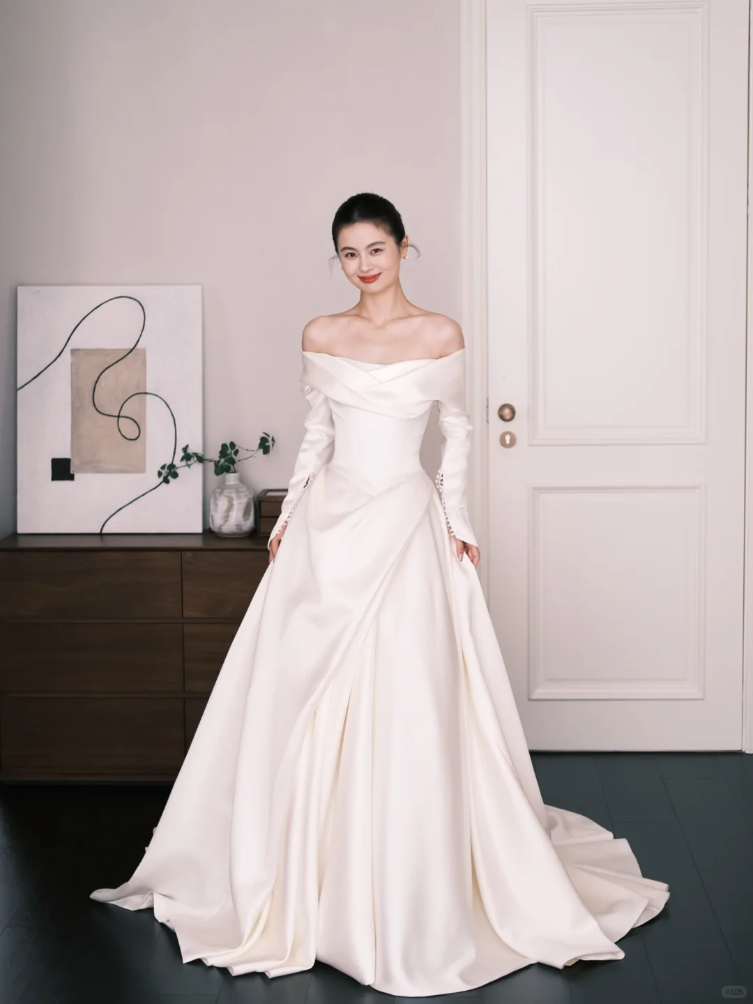 White Off The Shoulder Long Sleeve Satin Wedding Dress  NV7231